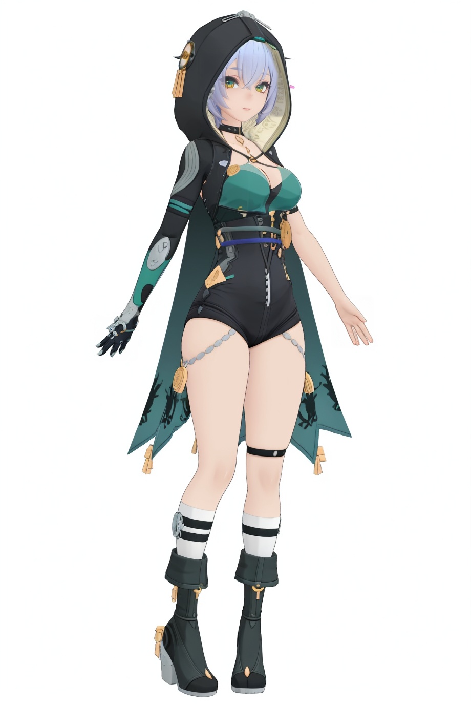 8k,best quality,masterpiece,(ultra-detailed),(high detailed skin),(by nanoless, by misumi \(macaroni\),:0.5),A full-body portrait of a young girl,standing gracefully,pastel art style,high-key lighting,shoujo manga influence,hd quality,delicate details,full body,full shot,standing,looking at viewer,(solo:1.2),simple background,(white background:1.2),<lora:Lucia-sd-Tanger:0.8>,Lucia \(Zenless Zone Zero\),clothes: Luciadef suit,Square-shaped pupils,yellow eyes,Luciadef cape,Luciadef hood,1girl,breasts,green eyes,hood up,boots,single glove,