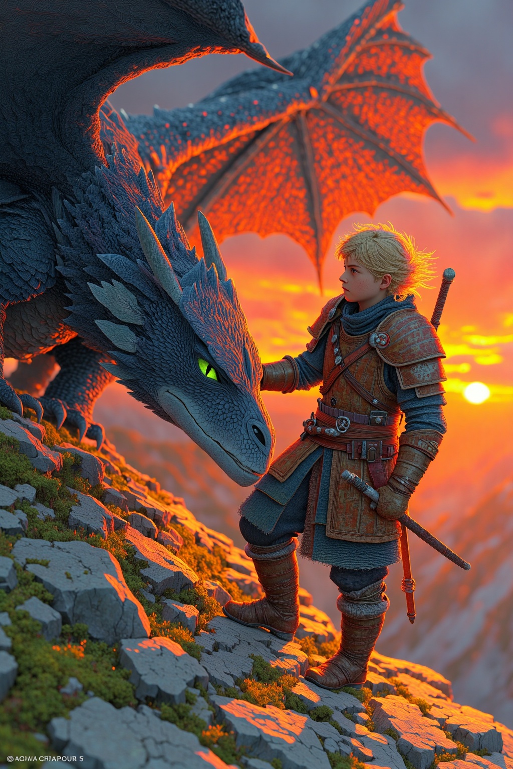 beijihui,A young Viking warrior with blonde hair,standing on a cliffside at sunset,wearing brown leather armor with metallic accents,beside a large black dragon with green eyes,the dragon's wings spread wide,golden sunlight illuminating the scene,detailed textures on the dragon's scales and the warrior's outfit,dynamic pose showing companionship between the warrior and dragon,fantasy adventure atmosphere,cinematic lighting,high resolution,ultra-detailed,photorealistic,8K,dramatic shadows,vibrant colors,sunset background with warm golden tones,rugged cliff with moss and rocks,epic fantasy style.,