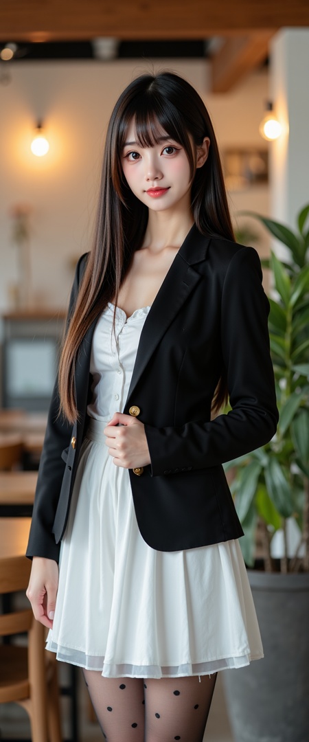 a young asian woman, likely in her early twenties, with long, straight, dark brown hair and fair skin, she has a slender physique and a delicate, heart-shaped face with large, expressive brown eyes and a slight smile, her cheeks are rosy, and she is looking directly at the camera with a soft, inviting expression, she is wearing a black, long-sleeved blazer with a small gold button on the left side, which is slightly open, revealing a white blouse underneath, the blazer has a buttoned front and is paired with a white, pleated skirt that falls just above her knees, she also wears black, sheer tights with small, black polka dots, the background shows a cozy, modern cafe setting with wooden tables and chairs, a small, modern refrigerator, and a few potted plants, the lighting is warm and soft, with a few natural light coming from a large potted plant on the right side of the image, the overall ambiance is casual and inviting, with clean lines and a cozy atmosphere, the photograph captures a moment of casual, relaxed demeanor, likely taken in a cafe or similar setting, with the woman's pose and the warm, inviting ambiance suggesting a cozy setting; ;,(((photo raw)),),from front,Alternate Reality, Stylish Fashion, Creative Art, Unique Aesthetic,Alternative Style,reflective light,glowing,energy, reflection ,wearing see-through Hanfu,