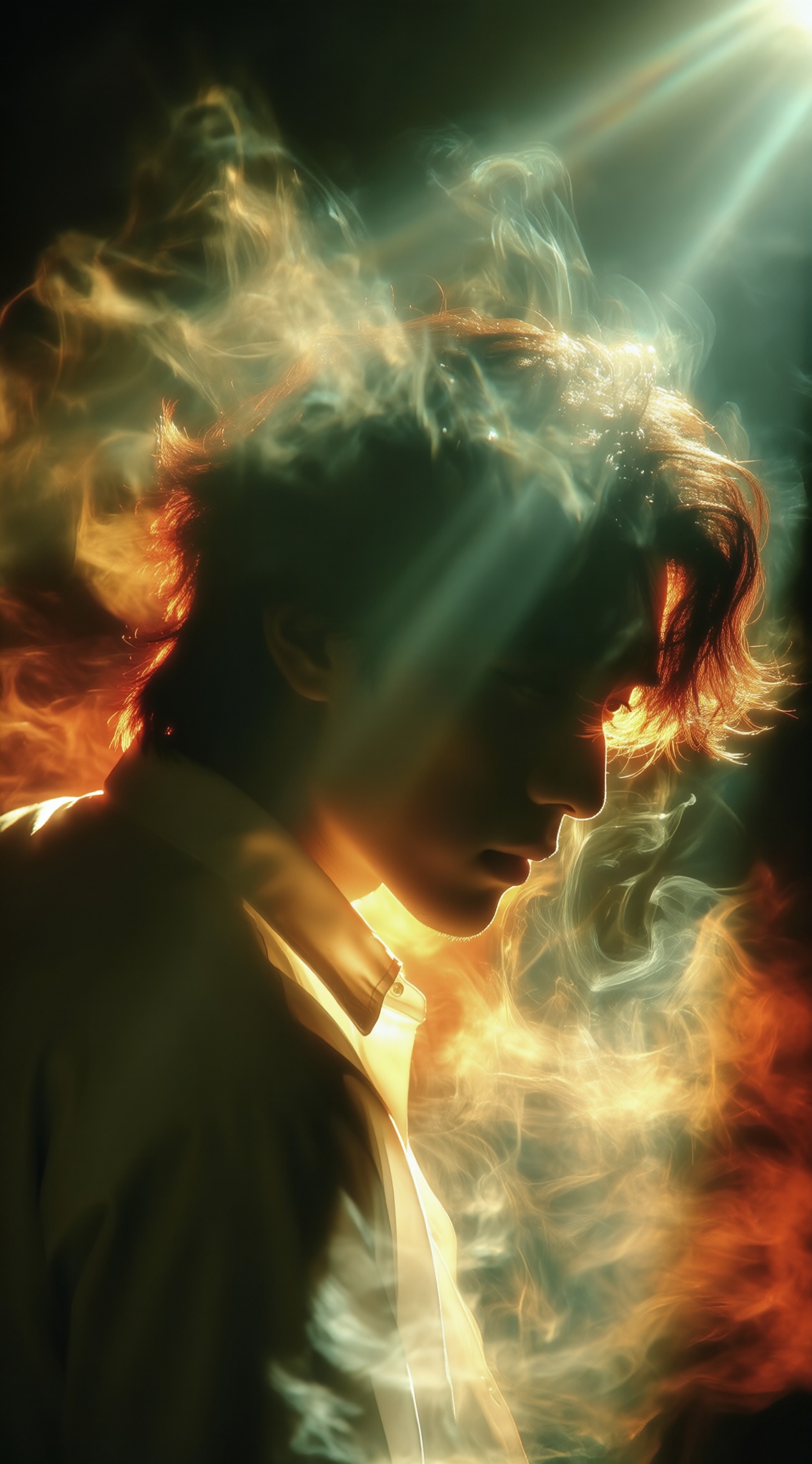 a photo-realistic shoot from a profile camera angle about a silhouette of a man surrounded by smoke and light rays,creating an ethereal atmosphere,the image also shows a man in the middle of the frame,who appears to be in his early twenties,with short,curly brown hair and a serious expression,the man is wearing a white shirt,and the smoke is swirling around him,creating a dramatic effect,the lighting is dramatic,with a beam of light coming from above,casting a warm glow on the mans face and body,the background is dark and smoky,with hints of green and red,adding to the moody atmosphere,, Negative prompt: ng_deepnegative_v1_75t,(badhandv4:1.2),EasyNegative,(worst quality:2),,nsfw, Steps: 30, Sampler: Euler, CFG scale: 4.0, Seed: 1163490666, Size: 1142x2048, Model hash: 9768b098f7, Model: ZOZ_千问大模型~超强泛化改良版_v1.0.safetensors, Denoising strength: 0, RNG: CPU, Lora 1: ZOZ, Lora Hash 1: aadbc953ae, Lora Weight 1: 0.8, vae_name: automatic