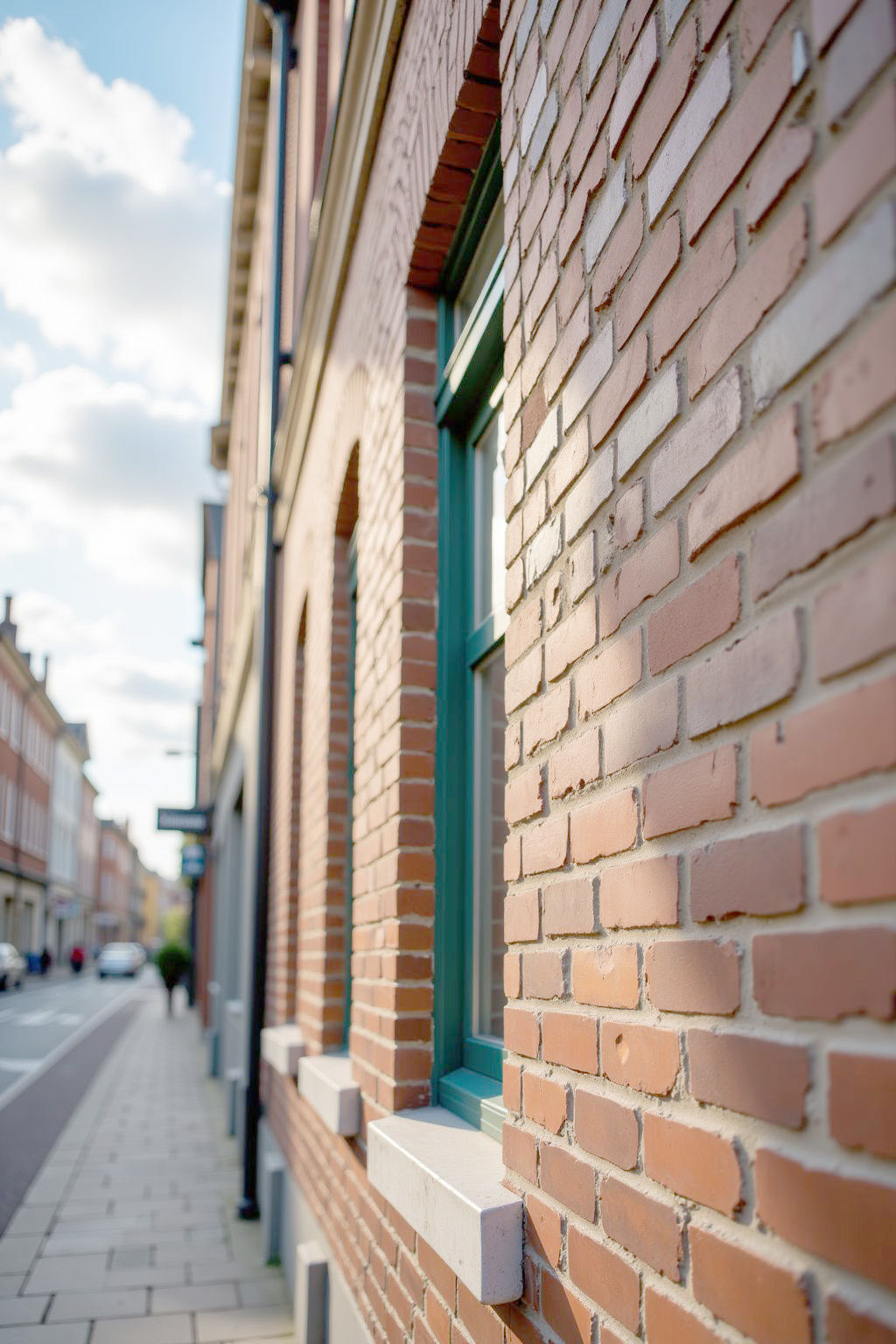 building with windows, features a brick wall with a window and,with some blurred architectural details. The overall scene is well-lit, street, day, clouds