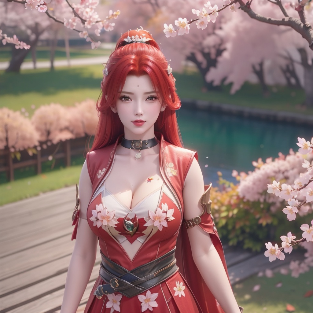 <lora:斗破苍穹-唐火儿:0.8>,red hair,   (,1girl, ,best quality, ),looking at viewer,  ,ultra detailed 8k cg,ultra detailed background,ultra realistic 8k cg, ,masterpiece, (( , )),, ,science fiction,mole, ultra realistic 8k cg, ,    ,(,cherry blossoms, autumn leaves,perfect cherry blossom,   ), (cleavage),
