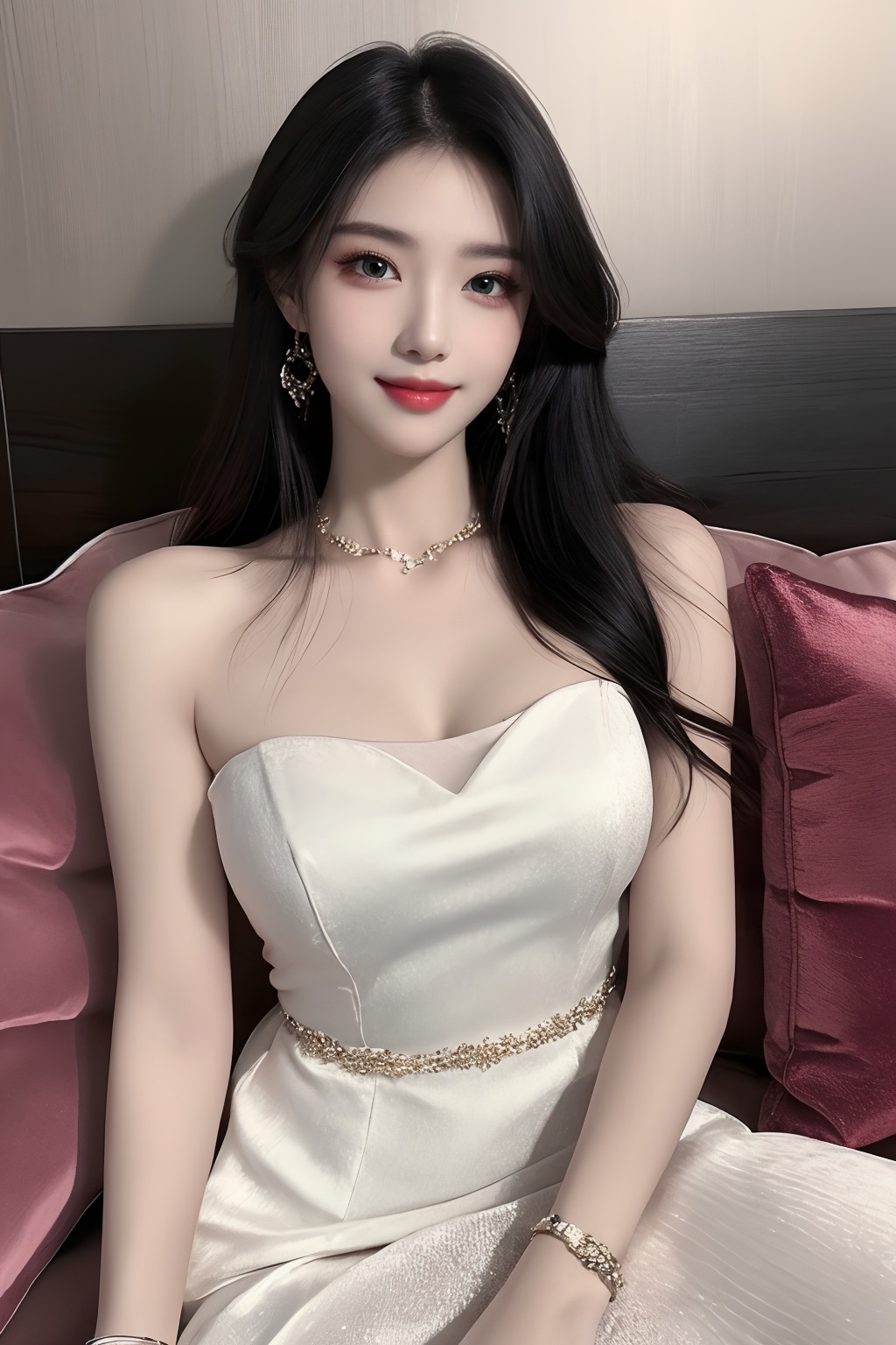 1girl, black hair, bracelet, dress, green eyes, lips, long hair, looking at viewer, pillow, realistic, sitting, smile, solo, watch, white dress, wristband, wristwatch  <lora:1.0:0.8>