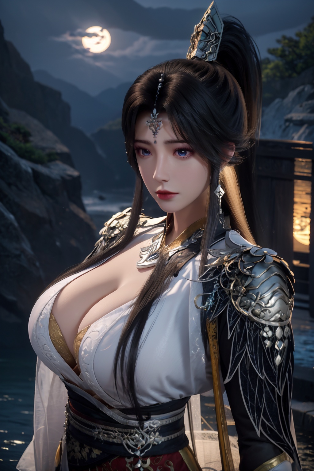 standing,dress,chinese clothes,flower,full_moon,moon,night,lily_pad,lotus,moonlight,nipples,water,night_sky,lily_\(flower\),sky,partially_submerged,1girl,solo,hair ornament,realistic,nail polish,photo_\(medium\),(big breasts, cleavage),makeup,(8k, RAW photo, best quality, masterpiece:1.2),(realistic, photorealistic:1.3),ultra-detailed,extremely detailed cg 8k wallpaper,(crystalstexture skin:1.2),extremely delicate and beautiful,(sexy pose:1.2),chinese dress,