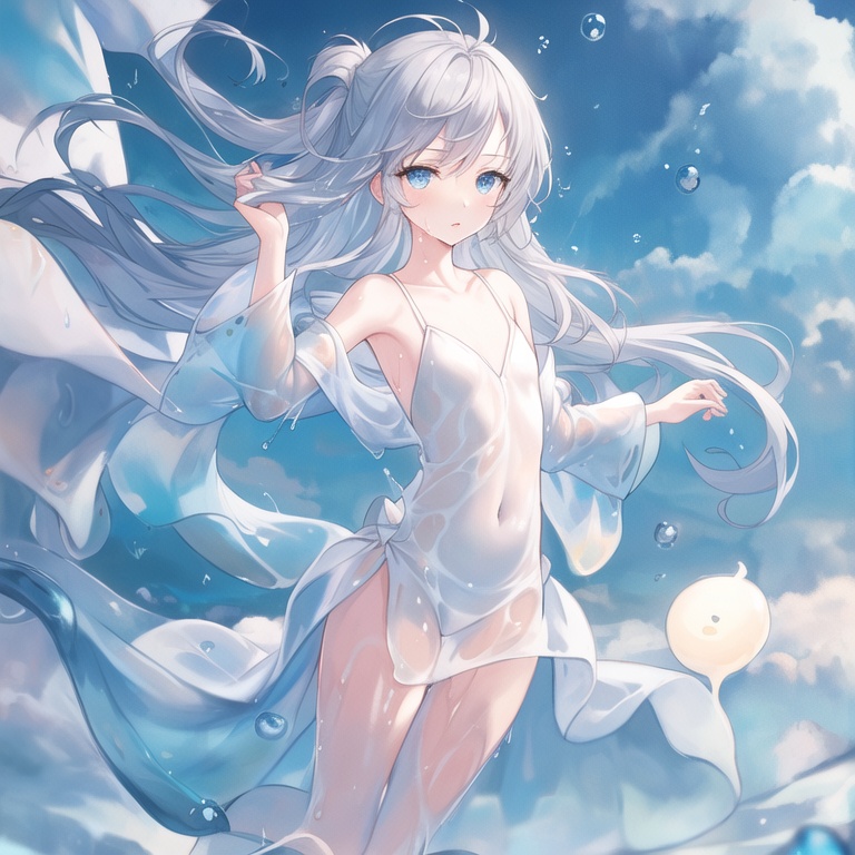 (masterpiece),illustration,(best quality),(painting),(backlighting:1.1),(Floating bubbles:1.3),(Beautiful Sky:1.15),cumulusm\(append\),(Girl:1.2),(looking at viewer:1.1),(full body),solo,(translucent body:1.15),expressionless,(light blue eyes:1.2),Delicate eyes,(flat chested:1.5),(Nipples:0.85),Standing position,(wet body:1.3),(pony-tail),messy hair,(thick hair:1.2),(very long hair:1.2),(Floating hair:1.2),long bangs,(Silver hair:1.2)(slime skin:1.2),(slime clothes:1.2),liquid skin,melting body,(White Puff Sleeve Dress:1.2),