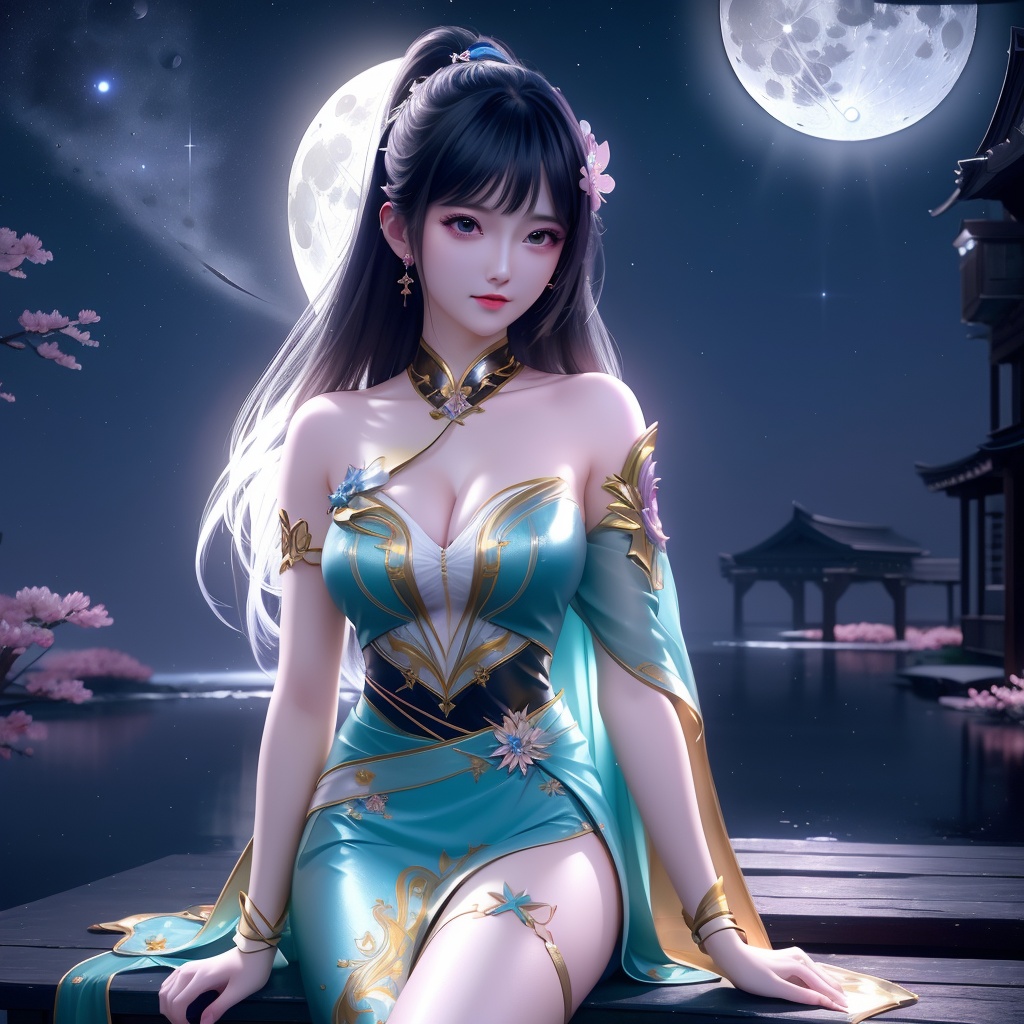 <lora:739-DA-斗破苍穹-慕青鸾:0.8>, (,1girl, ,best quality, ),looking at viewer,  ,ultra detailed background,ultra detailed background,ultra realistic 8k cg,, ,masterpiece, (( , )),, ,   ,   cure blossom, full moon,night,night sky,  (cleavage), (), ,,