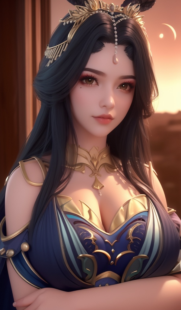 <lora:642-DA-完美世界-龙女:0.8>(,1girl, ,best quality, ),looking at viewer,masterpiece, (( , )),, realistic,science fiction,mole, ultra realistic 8k cg, crescent moon, (cleavage), (),