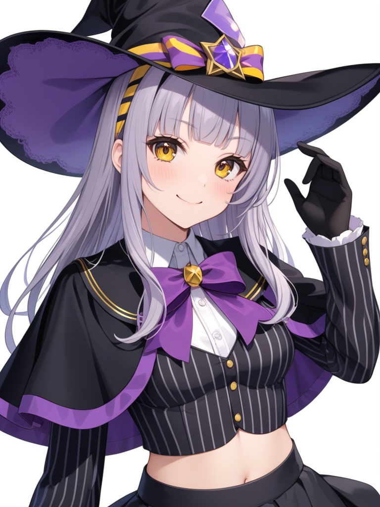 (best quality), ((masterpiece)), (highres), illustration, original, extremely detailed,1girl, solo, murasaki shion, navel, long hair, witch hat, hat, virtual youtuber, striped shirt, single side bun, midriff, hair bun, striped, gloves, vertical-striped shirt, bangs, looking at viewer, long sleeves, shirt, grey hair, smile, blunt bangs, cropped shirt, pinstripe pattern, vertical stripes, pinstripe shirt, capelet, simple background, stomach, black gloves, white background, black headwear, blush, hand on hip, smug, yellow eyes, hairband, single hair bun, crop top, black skirt, closed mouth, black capelet, skirt, hair ornament, breasts, bow, upper body, bowtie