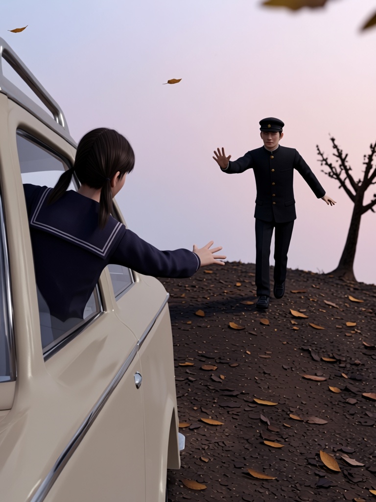 This 3D anime-style wide shot captures a poignant scene outdoors. A slim girl with dark hair in low twintails,  wearing a...