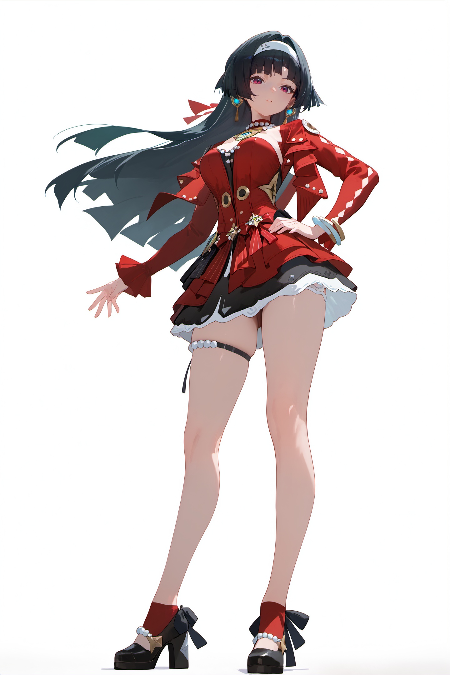 score_9,score_8_up,score_7_up,score_anime,8k,best quality,masterpiece,(ultra-detailed),(high detailed skin),(by nanoless, by misumi \(macaroni\),:0.5),<lora:YLI 0.1v:0.25>,<lora:style1:0.25>,A full-body portrait of a young girl,standing gracefully,pastel art style,high-key lighting,shoujo manga influence,hd quality,delicate details,full body,full shot,standing,looking at viewer,(solo:1.2),simple background,white background,hand on own hip,<lora:yaojy-pony-Tanger-000019:0.8>,Astra Yao \(zenless zone zero\), clothes: yjy def white short dress with red jacket, 1girl, long hair, red jacket, black hair, jewelry, breasts, hairband, thigh strap, earrings,bare legs,