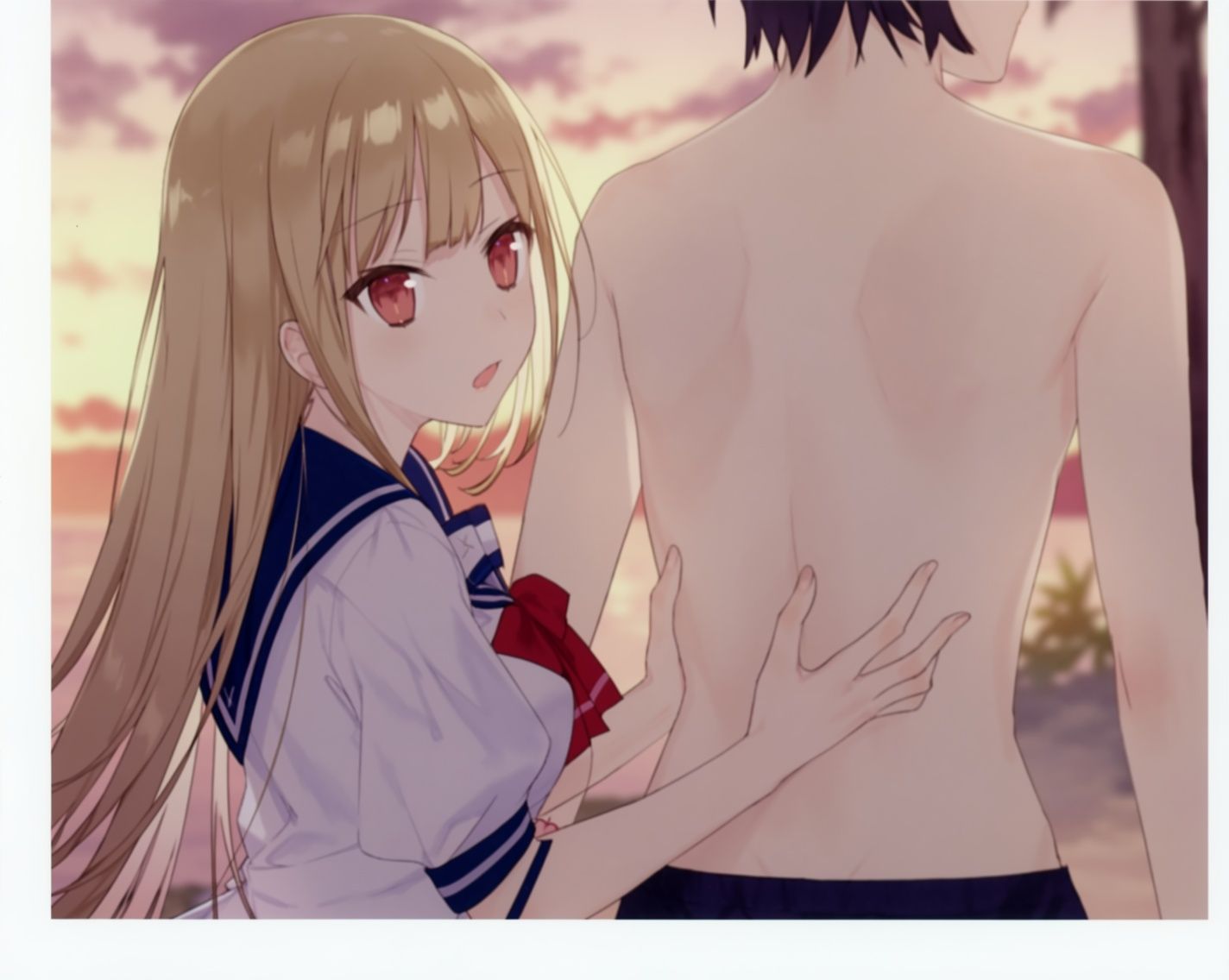 A young woman with long blonde hair and red eyes is shown from behind,  wearing a white sailor-style uniform with blue tri...
