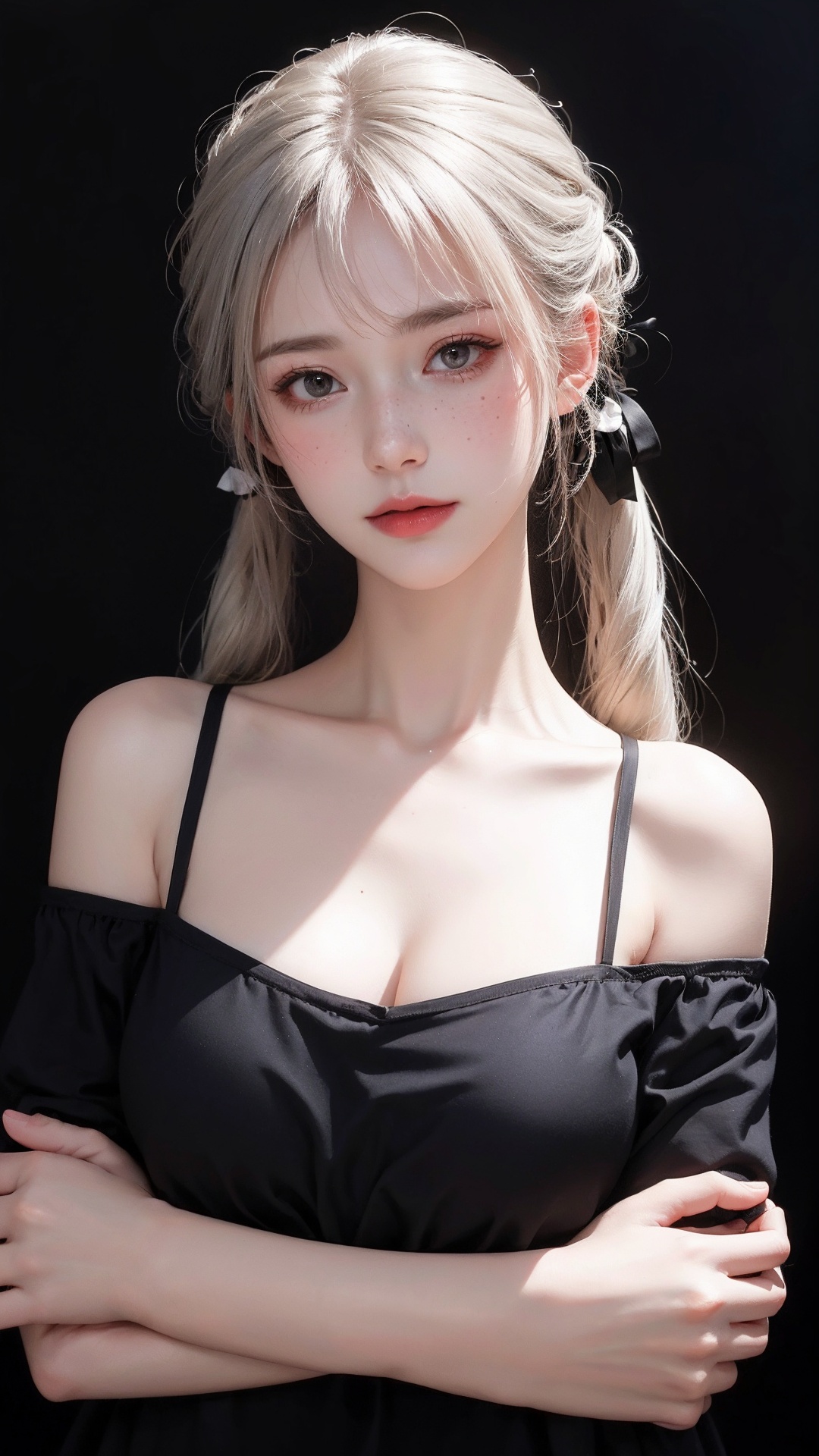 1girl, breasts, solo, looking at viewer, twintails, ribbon, upper body, hair ribbon, cleavage, collarbone, off shoulder, bare shoulders, large breasts, black background, bangs, simple background, off-shoulder shirt, closed mouth, realistic, white hair, covered nipples, long hair, freckles, black ribbon, lips, shirt