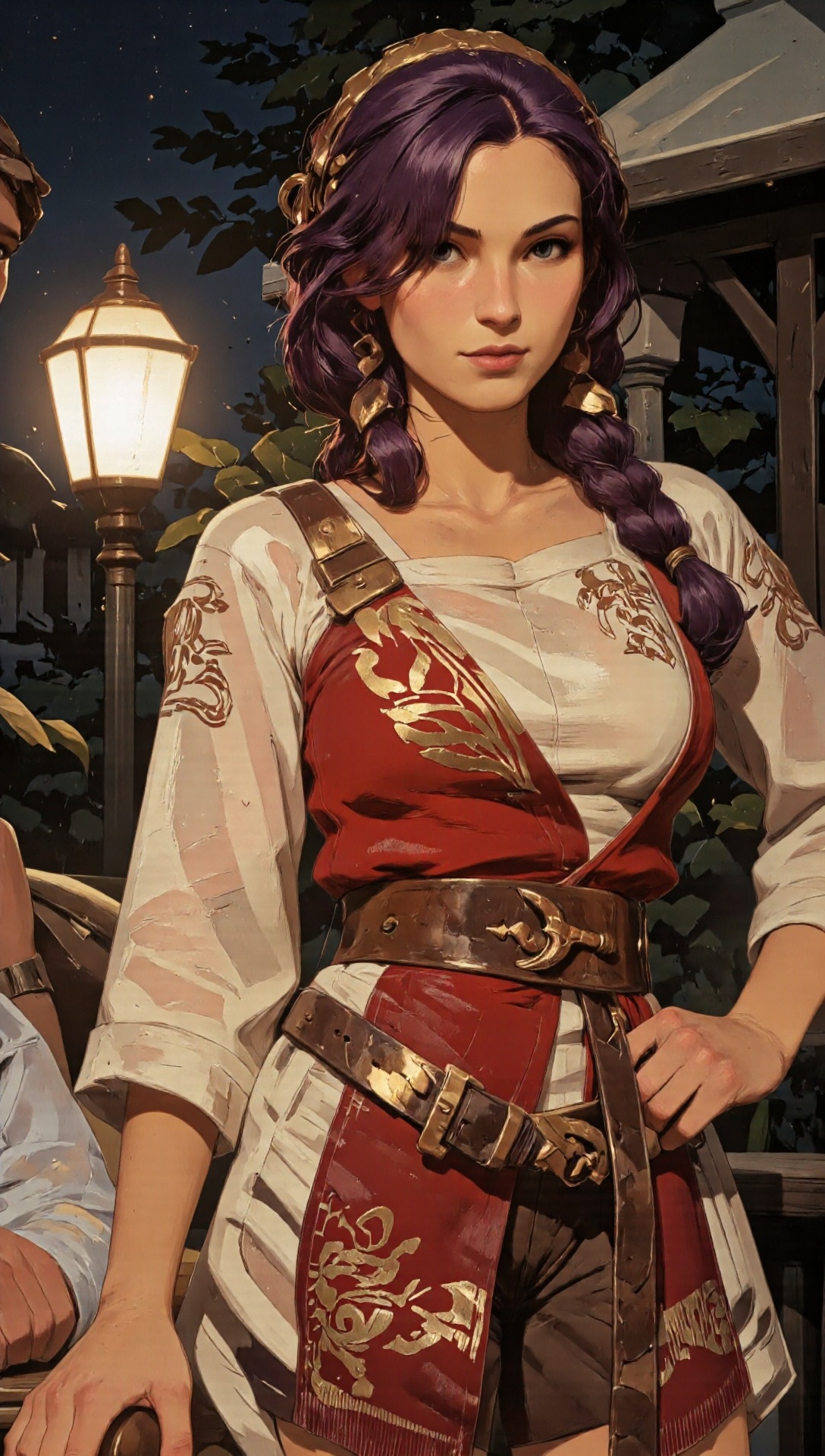 The image is a high-resolution ******* photography of european woman with purple Angelic Waves hair. She is wearing italia...