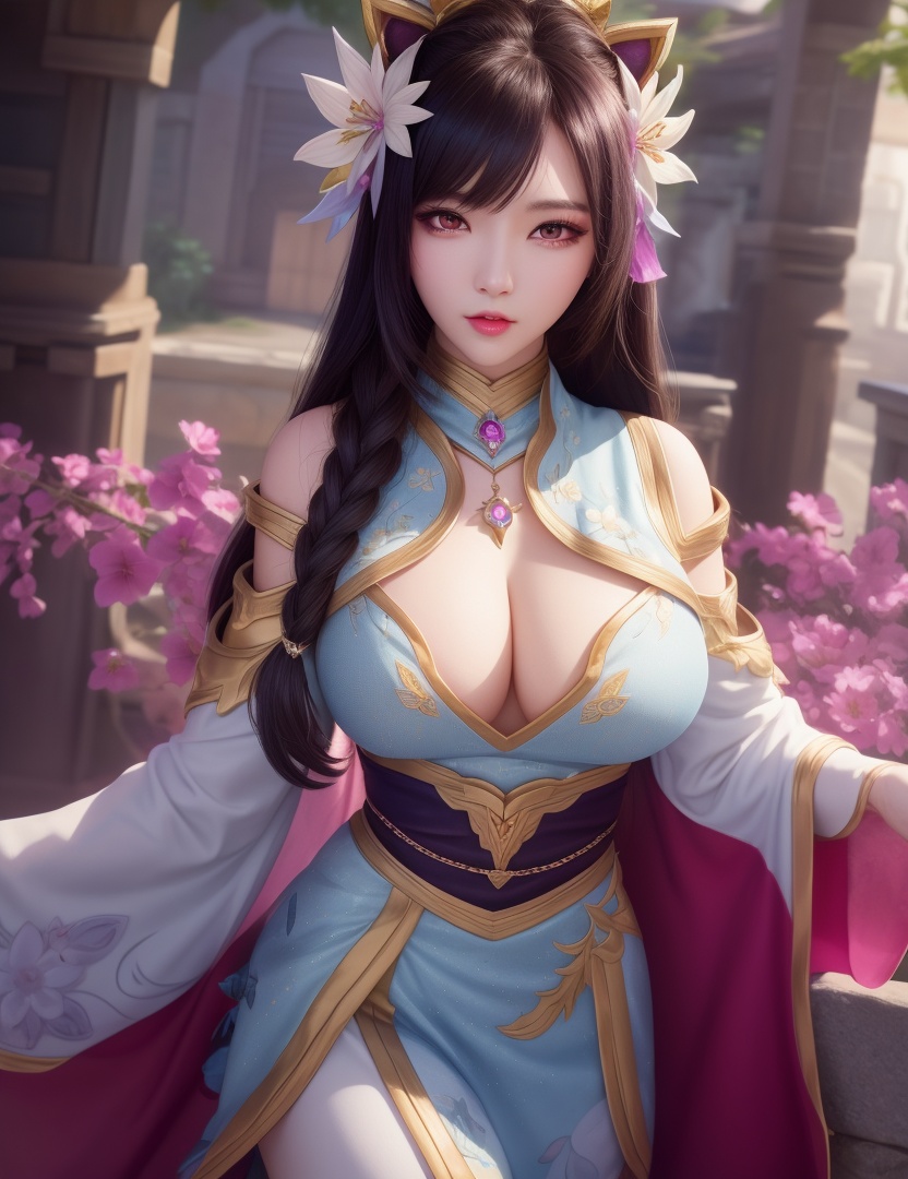 <lora:528-DA-万古狂帝-林柔:0.8>(,1girl, ,best quality, ),looking at viewer,  ,ultra detailed background,ultra detailed background,ultra realistic 8k cg,, ,masterpiece, (( , )),, , , spirit blossom \(league of legends\),   ,   (cleavage), (), ,,