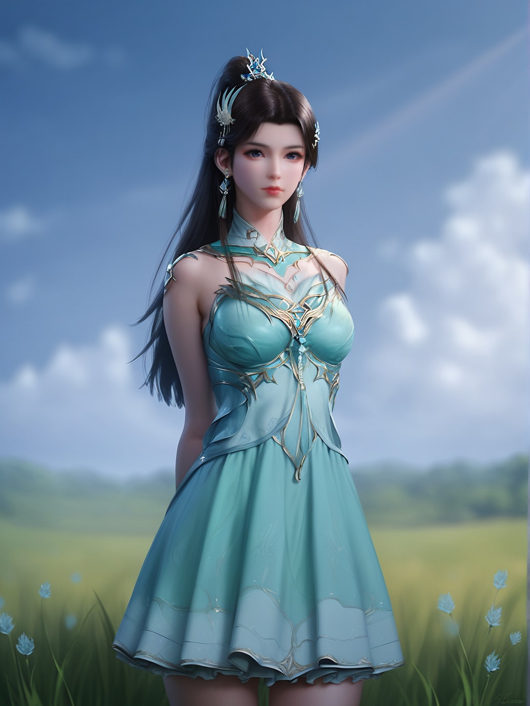 zPDXL3,score_9,score_8_up,score_7_up,source_realistic,rating_safe,<lora:xuner-000006:0.9>,xuner,1girl,solo,closed mouth,ponytail,hair ornament,jewelry,earrings,detached collar,clothing cutout,green dress,looking at viewer,arms behind back,cowboy shot,outdoors,grasslands,sky,cloud,sunlight,glowing,depth of field,blurry background,