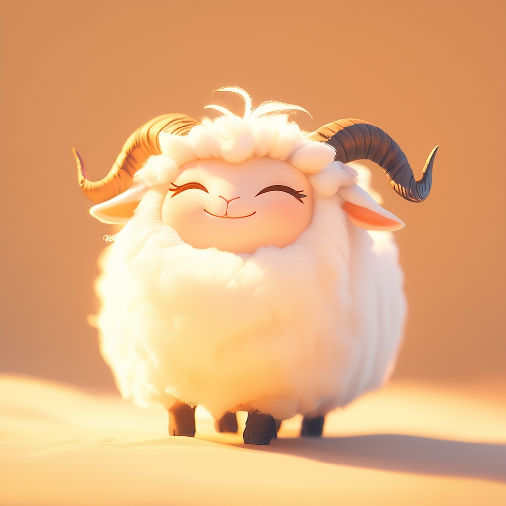 weiyang,sheep,fluffy,cute,mf-movie-filter,warm colors,white fur,whimsy and dramatic lighting,cc-color-correction,^ ^,soft lighting,sheep horns,:3,sheep focus,sheep ears,no humans,closed eyes,solo,smile,horns,simple background,closed mouth,standing,facing viewer,orange theme,full body,brown background,outdoors,orange background,<lora:weiyang_xl:0.8>,