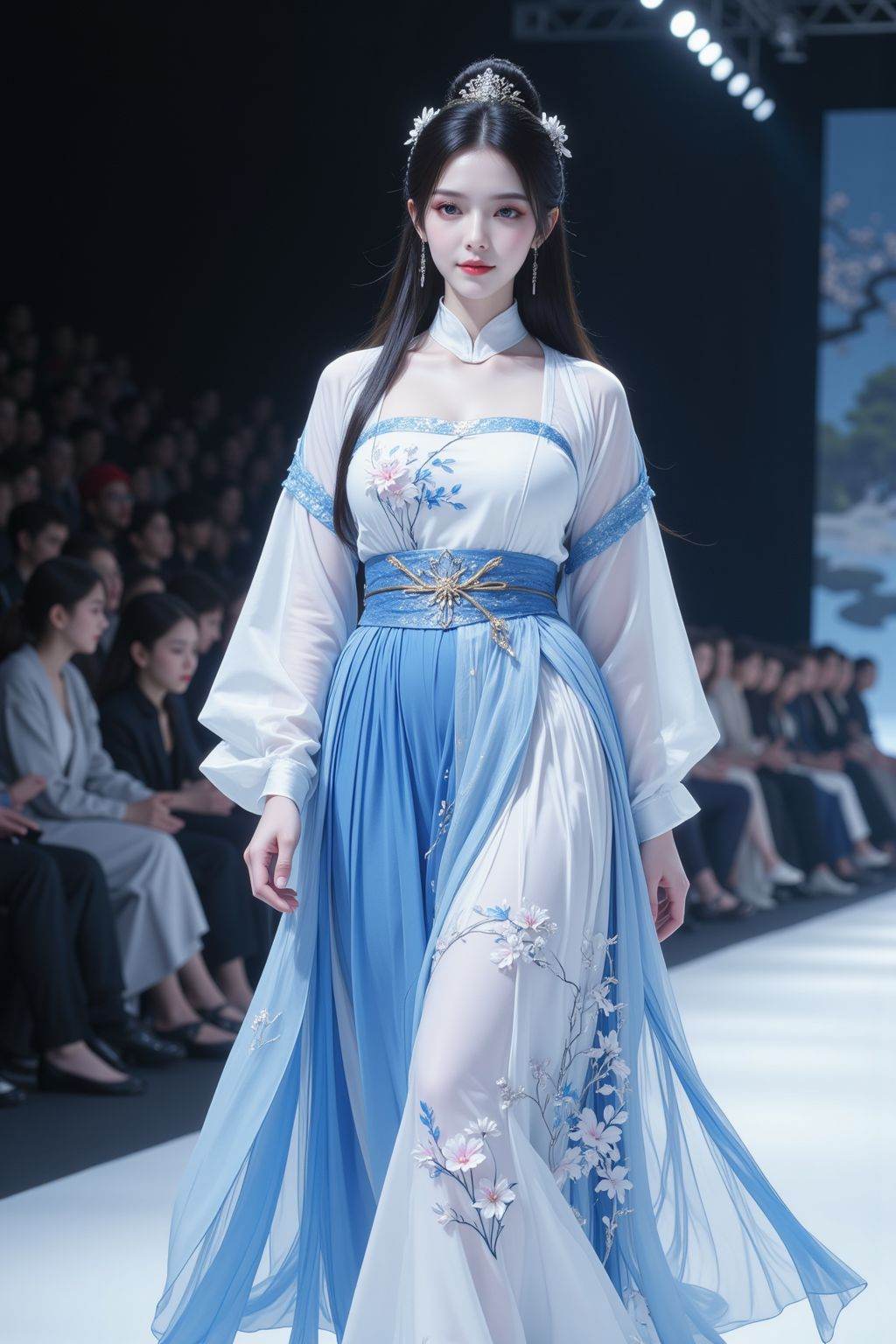 Fuji camera filter,Catwalk,Vogue Runway K-pop models walk the catwalk,young woman,black long hair,brown eyes,smile,full body,simple outfits,white and blue turtleneck clothes and a pleated blue skirt,hanfu,embroidery,dao robe,flower paint,and you can see the catwalk when you look from the side.