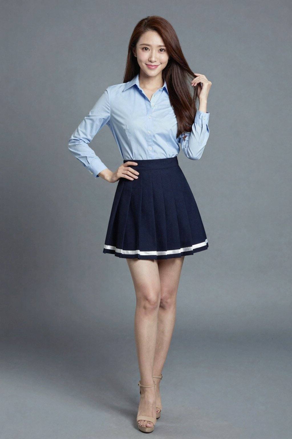 <lora:20260207_TinZITGirlLoraB:0>, A photograph of an Asian woman with long, straight, brown hair, standing against a plain gray background. She is wearing a light blue, long-sleeve button-up blouse with a fitted waist and a dark blue pleated skirt with white trim, accentuating her slim figure. Her skin tone is fair, and she is wearing beige high-heeled sandals. She has a confident smile, with one hand on her hip and the other touching her hair. The image is well-lit, emphasizing her youthful and professional appearance, long legs,