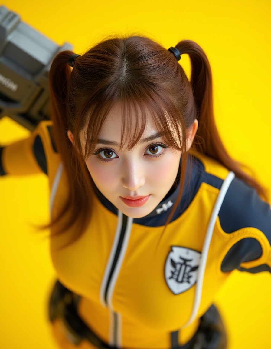 Masterpiece, Top quality, beautiful Korean woman, doll-like face, clean skin, neat honey-brown twintails, bright challenging grin, school jersey-style power suit, armored panels, active pose, giant high-tech warhammer, resting on shoulder, intensely saturated monochromatic citrine-yellow background, POV, high angle, face-focused close-up, looking up at viewer, massive warhammer head, visible behind her, framing face