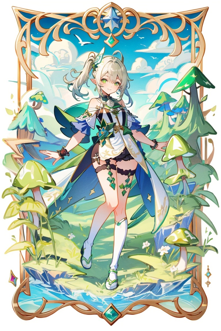 ((HRD, HUD, 8K)),((masterpiece, best quality)), highly detailed, soft light,Card, nahida (genshin impact), 1girl, green eyes, pointy ears, white hair, side ponytail, hair ornament, long hair, multicolored hair, dress, white dress, bangs, detached sleeves, gradient hair, jewelry, flower, symbol-shaped pupils, bracelet, smile, mushroom, bloomers, cape, green hair, looking at viewer, toeless legwear, toeless footwear, hair between eyes, slime (genshin impact), underwear, sidelocks, short sleeves, stirrup legwear, cross-shaped pupils, full body, solo, white footwear, green cape, green sleeves, <lora:20240528-1716881484728:0.8>