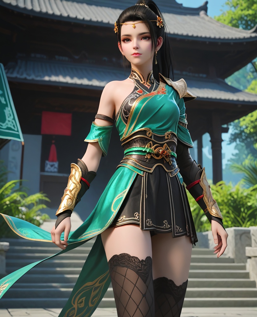 (oriental architecture, elegant decor, sophisticated style:1.1),showing indifference,(breasts:1.2),<lora:XL16大主宰唐芊儿:0.95>,miss tangqianer,green single-sleeve robe,black miniskirt,gray eyes,black hair,ponytail,hair ornament,pauldron,sash,bracer,single bare shoulder,asymmetrical fishnets,high-heeled knee boots,black underwear,, zPDXL2, score_9, score_8_up, score_7_up BREAK realistic, masterpiece,best quality, highly detailed,, zPDXL3, zPDXL2,zPDXL, zPDXLxxx, zPDXLrl,