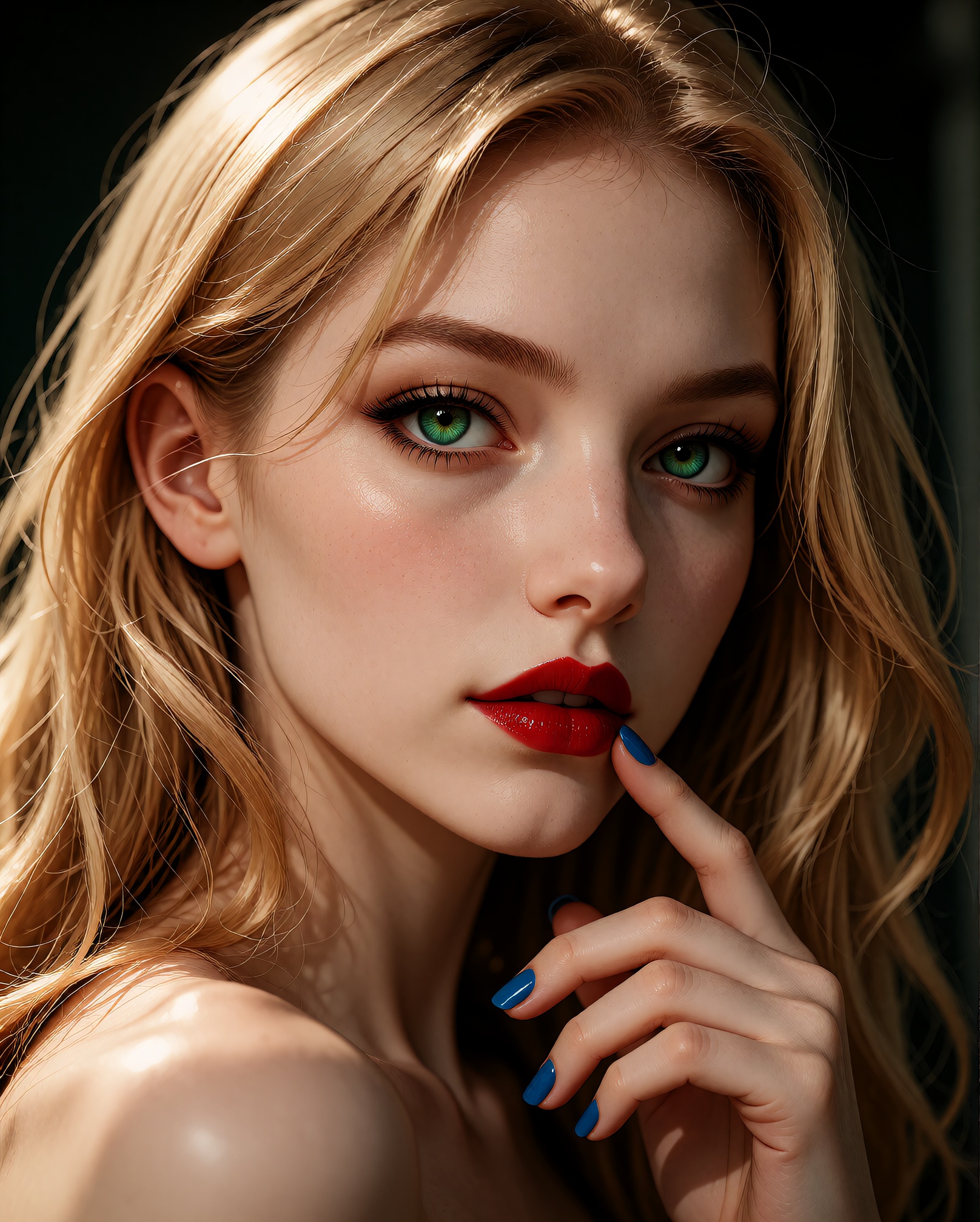 A photo-realistic portrait shoot from a close-up perspective about a beautiful woman with long,  wavy blonde hair and stri...