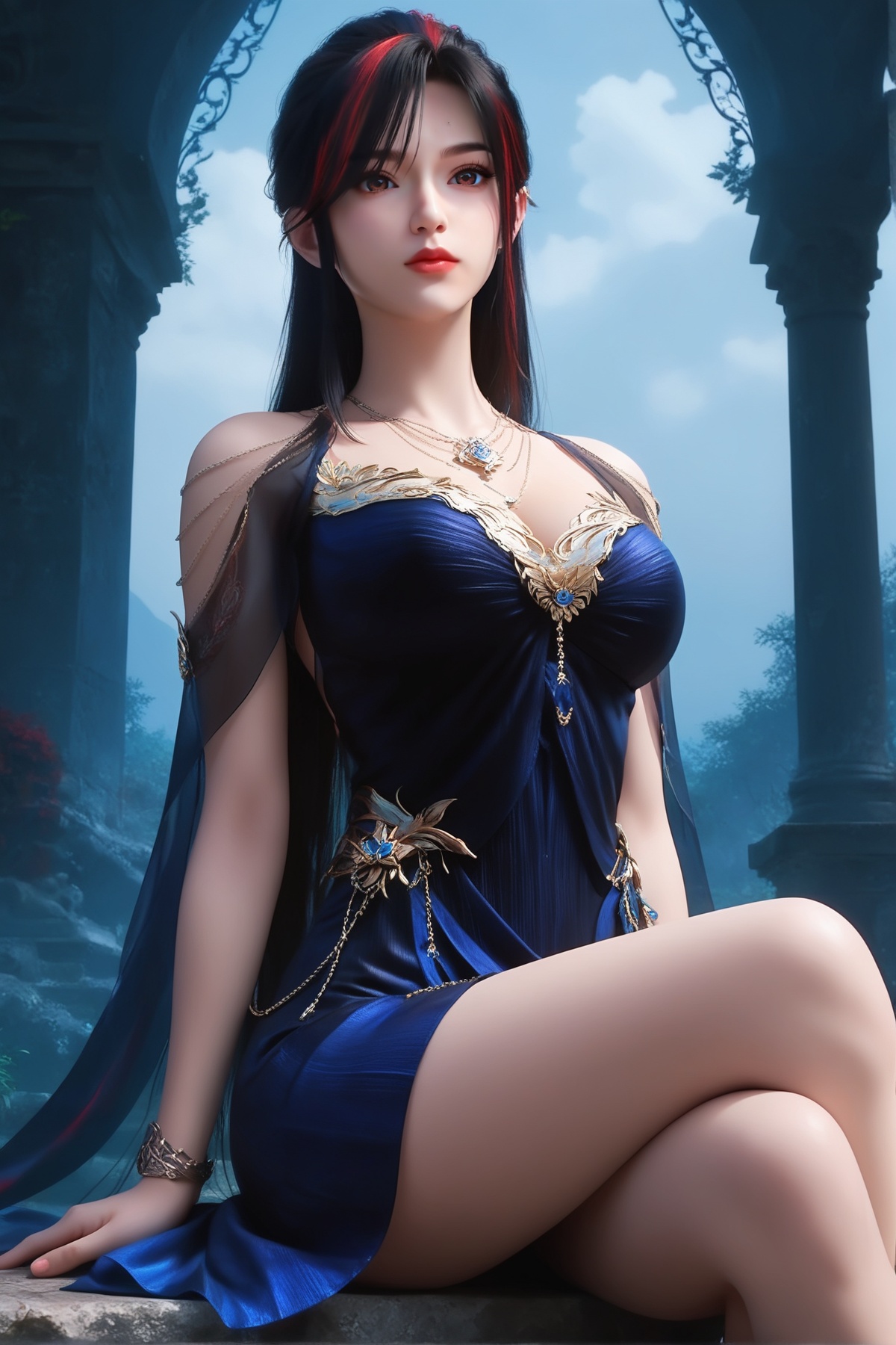 score_9,score_8_up,score_7_up,<lora:wy_zhaoxianger_zy_XL7.0:0.8>,1girl,dress,breasts,solo,multicolored hair,long hair,black hair,red hair,streaked hair,black dress,blue dress,large breasts,two-tone hair,thick_thighs,sitting,brown eyes,