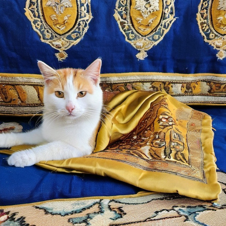 During the golden age of the Ottoman Empire,  my cat,  draped in luxurious textiles on Tensor.Art
