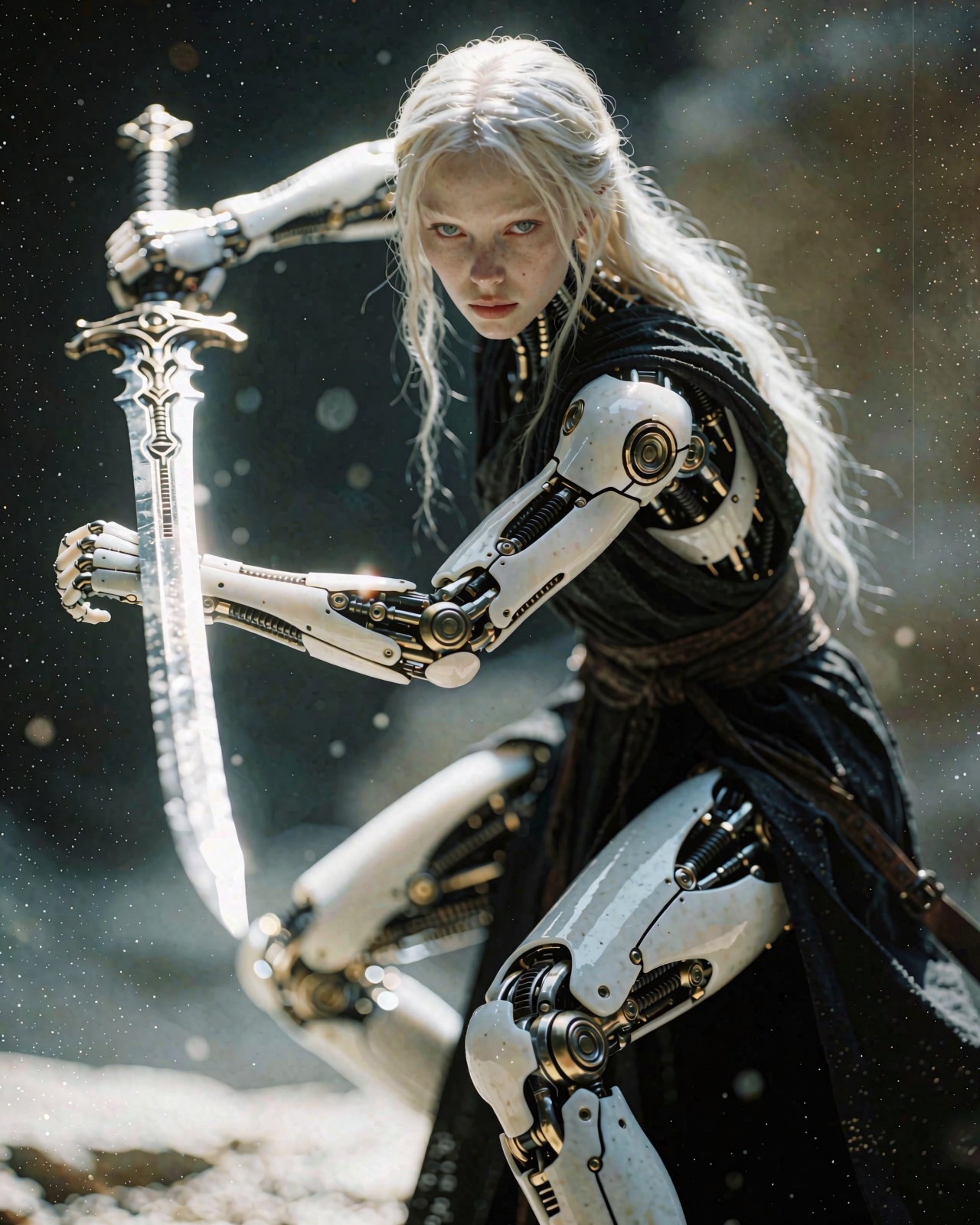 The image showcases a captivating depiction of a stunning yet haunting albino woman with a biomechanical body with intrica...