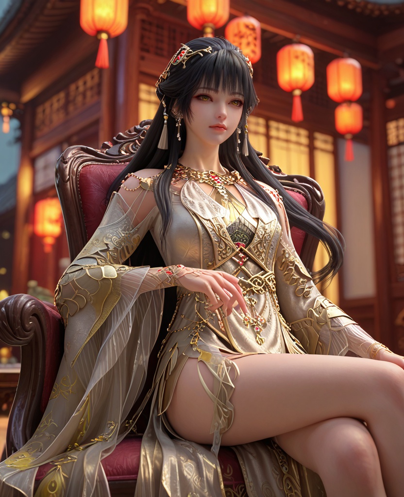 (oriental architecture, elegant decor, sophisticated style:1.1),(Sitting on a chair with legs crossed, resting chin on hand,:1.1),(breasts:1.2),<lora:XL百炼成神神国圣女白月蓉:0.95>,miss baiyuerong,black hair,jewelry,long hair,hair ornament,earrings,dress,yellow eyes,bangs,parted lips,eyelashes,teeth,, zPDXL2, score_9, score_8_up, score_7_up BREAK realistic, masterpiece,best quality, highly detailed,, zPDXL3, zPDXL2,zPDXL, zPDXLxxx, zPDXLrl,
