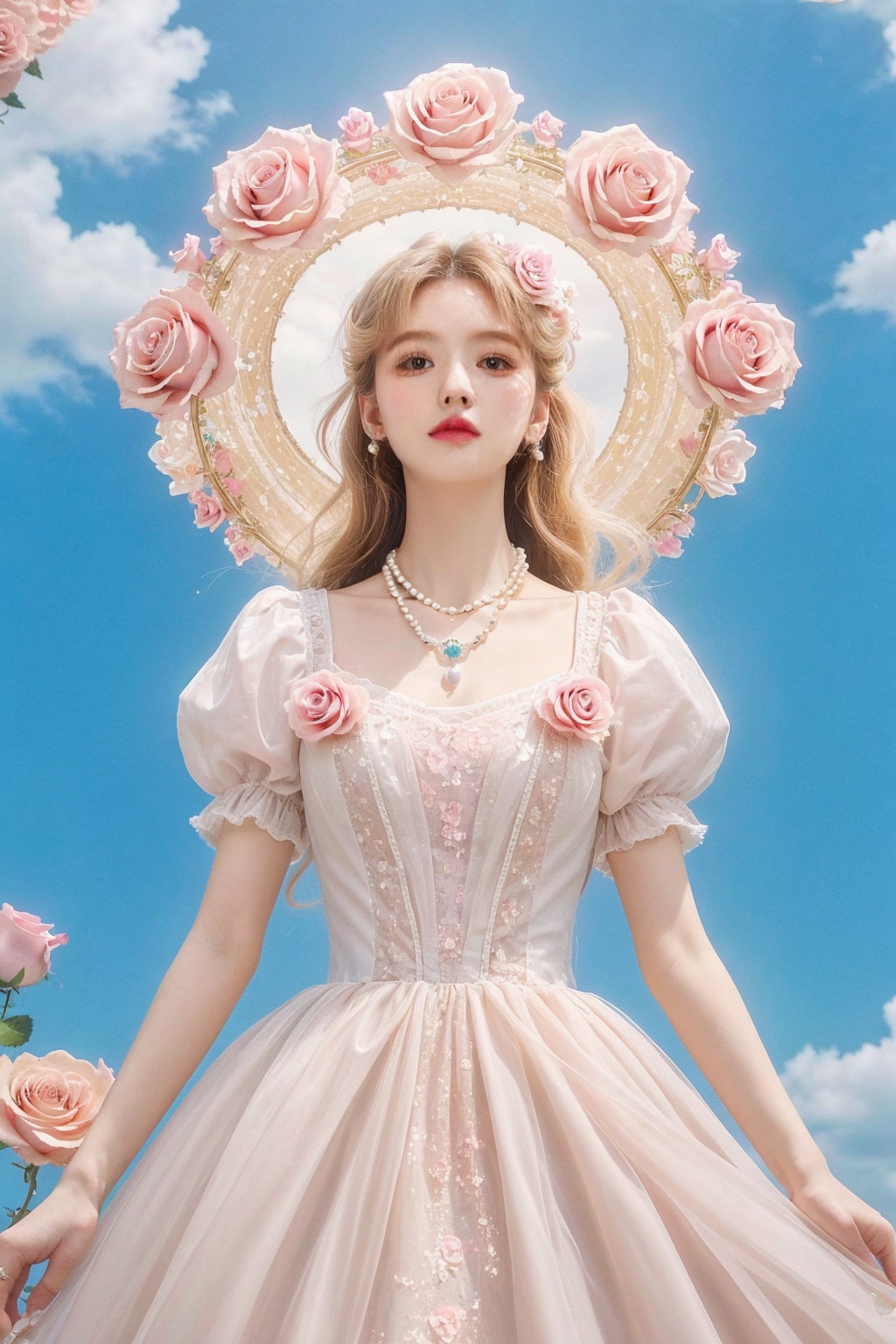 quality,8K,extremely complex details,1girl,lolita,careful eyes,looking_at_viewer,butterfly,gradient art,in the flower cluster,(rose:1.1),sky,(white cloud:0.9),full_shot,necklace,pearls and jewels,<lora:花开富贵:1.2>,