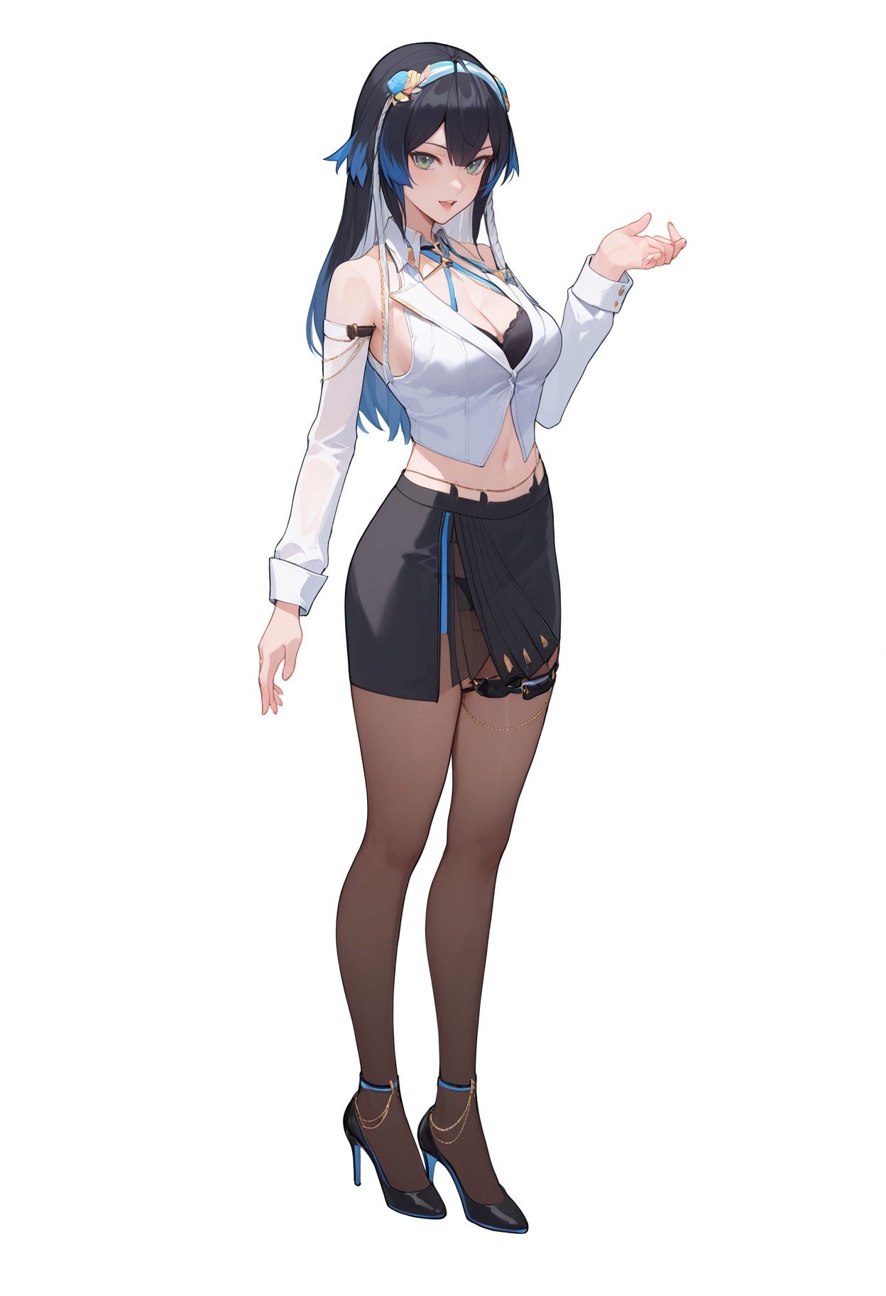 ASCII score_9, score_8_up, score_7_up, score_anime, 8k, best quality, masterpiece, (ultra-detailed), white background, full body, standing, looking at viewer, <lora:Katya-pony-Tanger-000010:0.8>, Katya, 3rd clothes, mishu, 1girl, pantyhose, skirt, breasts, black hair, multicolored hair, black skirt, long hair, high heels, black panties, 