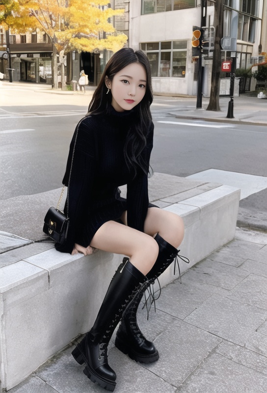 1girl, kneehigh boots,black,outdoors, city, street,square, sitting on bench,miniskirt,sweater,autumn,full body, <lora:kneehighboots:0.8> <lora:koreanDollLikeness_v20:0.7> 
