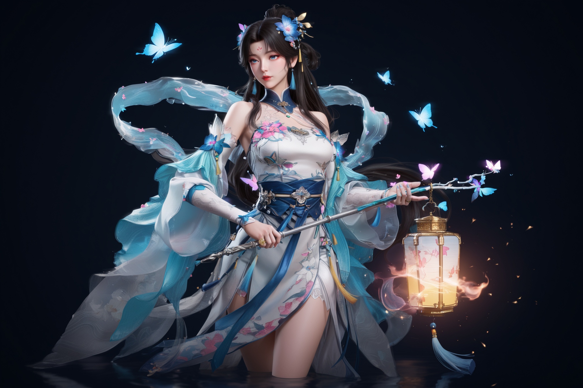 1girl, solo, long_hair, breasts, blue_eyes, simple_background, black_hair, hair_ornament, dress, holding, jewelry, bare_shoulders, flower, detached_sleeves, hair_flower, white_dress, sash, chinese_clothes, facial_mark, black_background, bug, tassel, butterfly, shawl, lantern, forehead_mark, hagoromo, holding_lantern, glowing_butterfly