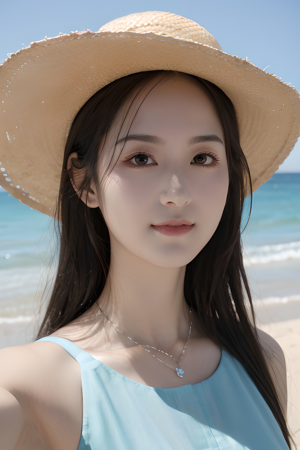 <lora:0814_03:0.7>,araffe girl with long hair wearing a straw hat and blue dress,1girl,solo,hat,straw hat,long hair,looking at viewer,necklace,jewelry,heart necklace,smile,heart,brown hair,bangs,day,beach,outdoors,upper body,black hair,sunlight,closed mouth,swimsuit,selfie,sky,ocean,, 1girl,realistic,masterpiece, best quality, photorealistic, HDR,detail