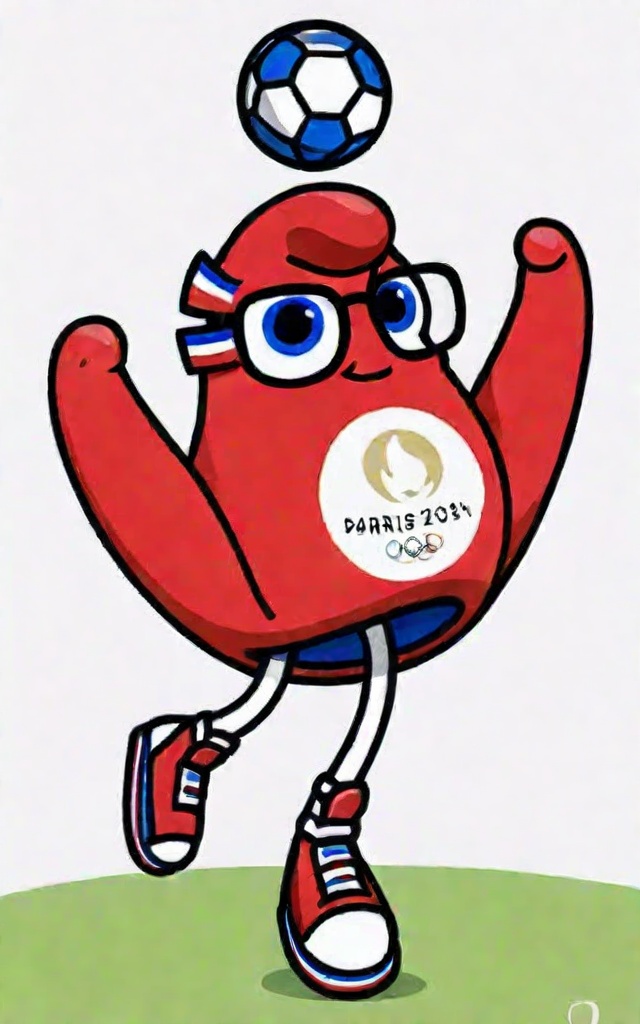 1boy, arms up, ball, blue eyes, english text, full body, glasses, happy,  no humans, parisayjixiang, red footwear, shoes, simple background, smile, solo, standing, playing soccer ball, white background, white footwear,  <lora:XL_ParisAYJixiang.128:0.7>