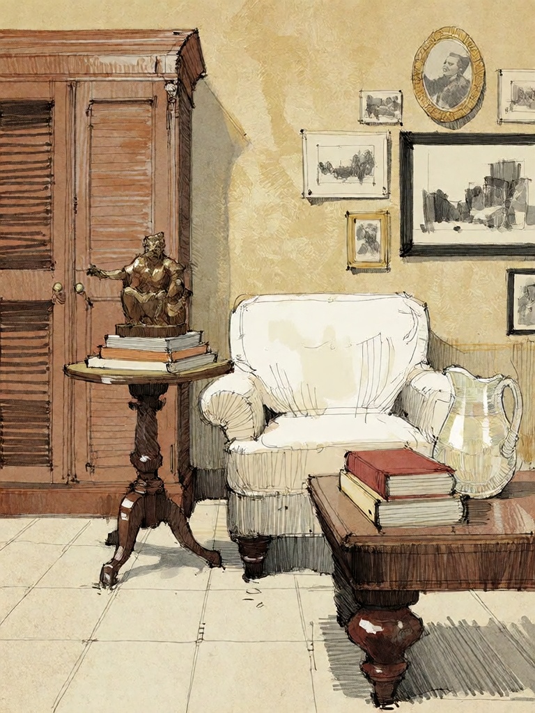 Bradhamel art style. A detailed sketch-style illustration of a cozy,  vintage-inspired living room interior with warm beig...