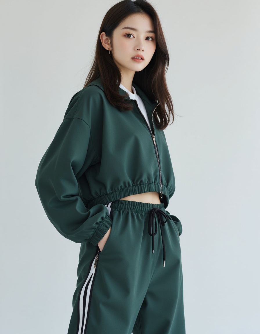 a real picture of a south korea woman,In Cropped windbreaker and track pants with side snaps,