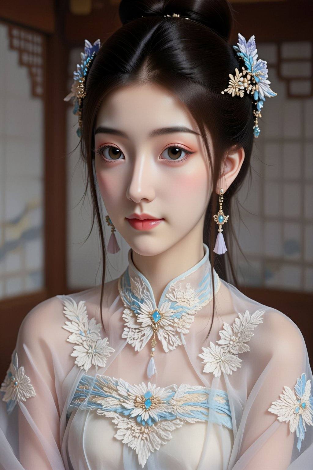 This is a photograph of an Asian woman with fair skin,  wearing a traditional white Chinese cheongsam dress adorned with i...
