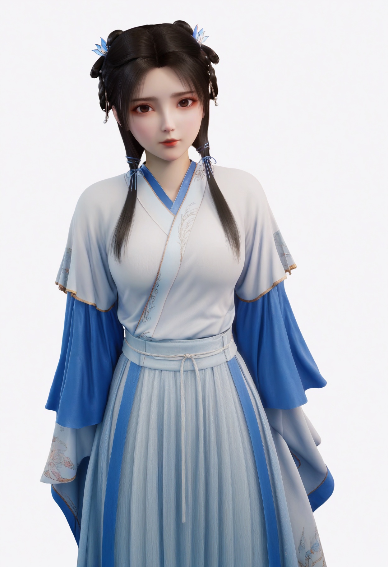 score_9,<lora:SF_ZhouRu10Year_Pony_Realism-000003:0.7>,hair ornament,black hair,dress,lips,bangs,hair over shoulder,1girl, large breasts,clothes,hanfu,hair ribbon,minigirl, hair rings,short over long sleeves,solo,looking at viewer,white background,simple background,full body,