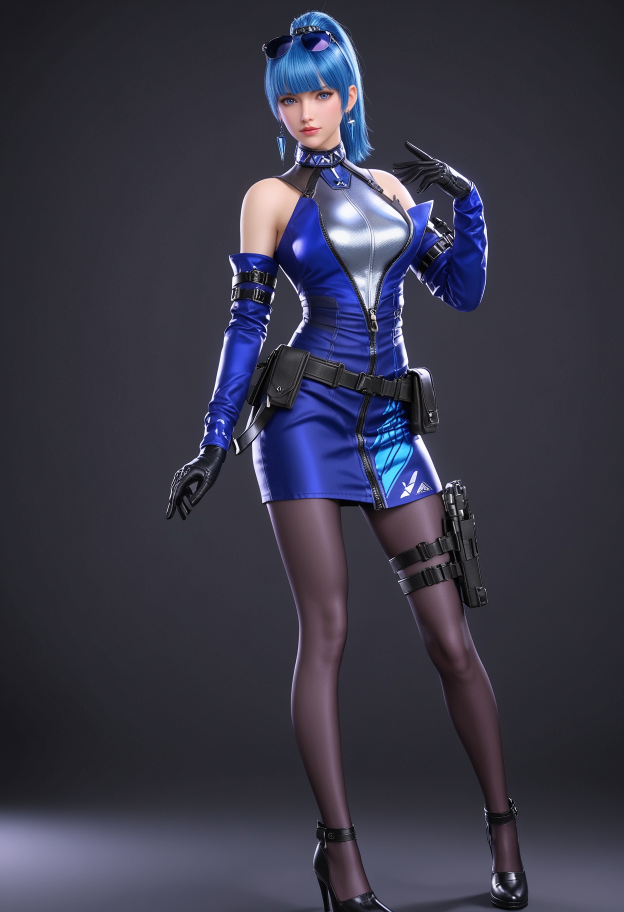 (upper_body:1.2),(looking at viewer:1.1),facing viewer,direct gaze,<lora:YQ_pony_wumengmeng_V4:0.8>,1girl,q1528437228,solo,blue hair,eyewear on head,earrings,gloves,jewelry,ponytail,detached sleeves,long hair,pantyhose,belt,dress,holster,blunt bangs,high heels,black hair,jacket,black footwear,brown eyes,thigh holster,collar,sleeveless,blue eyes,skirt,blue dress,grey eyes,belt pouch,thigh strap,BREAK (simple background,pure black background,black background:1.1),perfect anatomy,