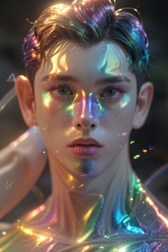 Rainbow foil,close-up,1boy,blurry background,depth of field,gem,<lora:Rainbow:0.6>,
