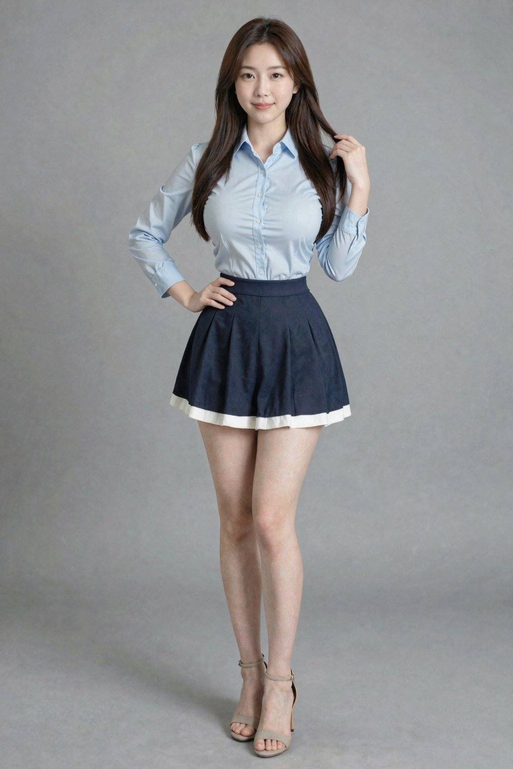 A photograph of an Asian woman with long, straight, brown hair, standing against a plain gray background. She is wearing a light blue, long-sleeve button-up blouse with a fitted waist and a dark blue pleated skirt with white trim, accentuating her slim figure. Her skin tone is fair, and she is wearing beige high-heeled sandals. She has a confident smile, with one hand on her hip and the other touching her hair. The image is well-lit, emphasizing her youthful and professional appearance, long legs,