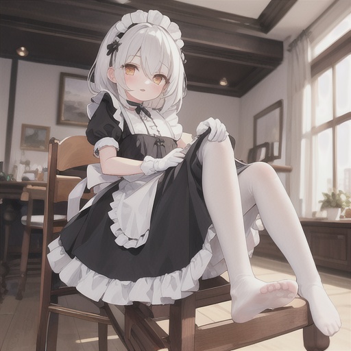 1girl,no shoes,pantyhose,feet,solo,white pantyhose,soles,frills,maid,long hair,maid headdress,dress,white hair,sitting,looking at viewer,indoors,short sleeves,frilled dress,black dress,chair,apron,toes,blush,foot focus,flower,window,bangs,choker,puffy sleeves,full body,puffy short sleeves,legs,maid apron,frilled apron,foreshortening,parted lips,hair between eyes,orange eyes,white apron,vase,gloves,