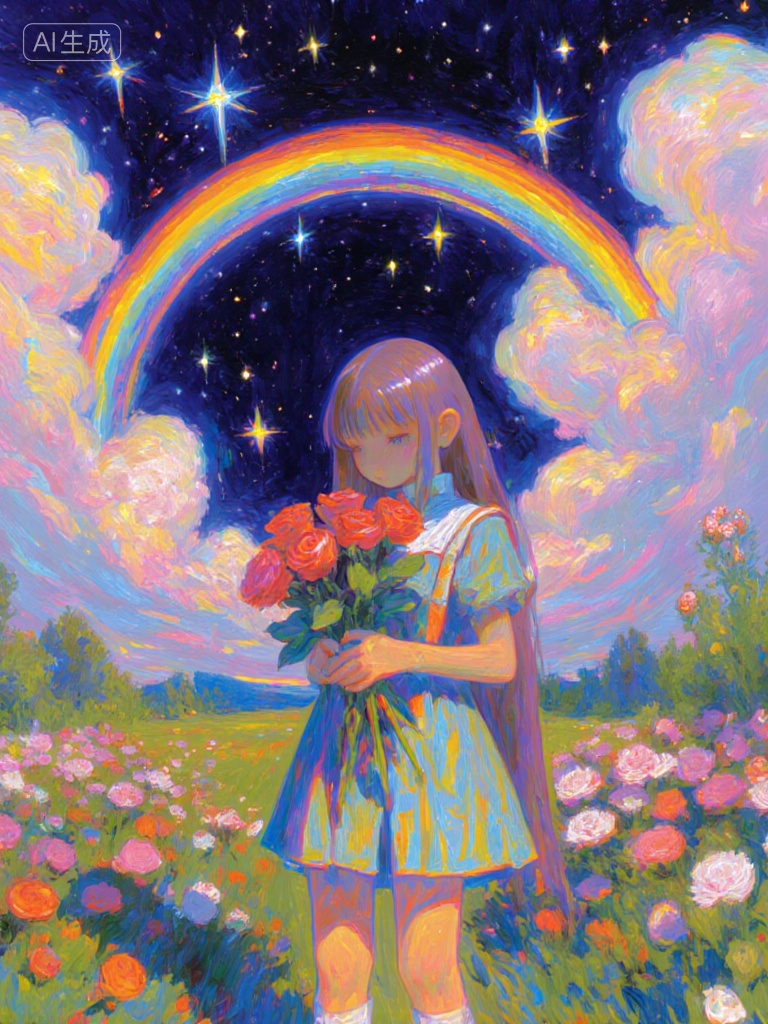 pastel rainbow, starry sky, fluffy clouds, blooming flowers, cute girl standing in the center with head down holding roses, oil painting style, anime aesthetic, kawaii, visible collar bone and dress straps, glittery sparkly background effects, depth and lens effects. far perspective looking to distance, , Negative prompt: ng_deepnegative_v1_75t,(badhandv4:1.2),EasyNegative,(worst quality:2),,nsfw, Steps: 30, Sampler: Euler, CFG scale: 3.5, Seed: 2868289366, Size: 768x1024, Model hash: 531b71b201, Model: F.1-Krea-dev-scaled-fp8_fp8.safetensors, Denoising strength: 0, RNG: CPU, Lora 1: 20251010-1760093491563-0001, Lora Hash 1: 96223b56ca, Lora Weight 1: 1.2, vae_name: automatic