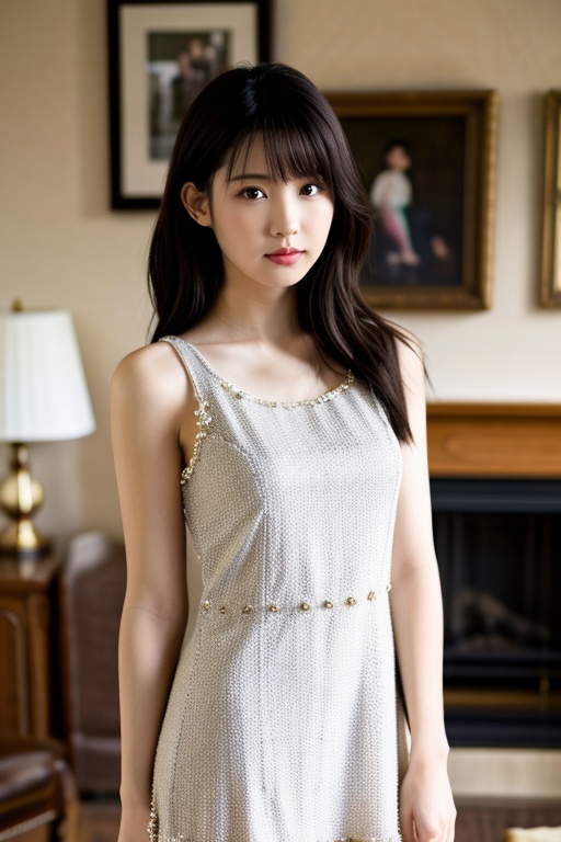 1girl, Embellished shift dress with fringe details, living room,upper body,HWGIRL,<lora:Hwgirl_V07:0.9>,