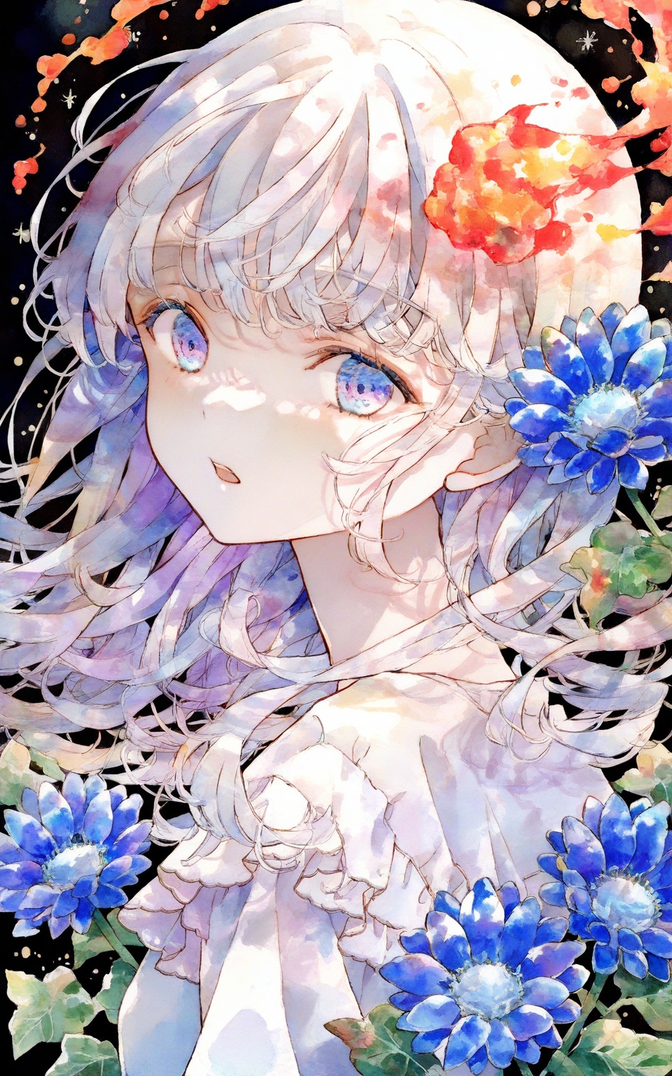 watercolor,1girl,solo,long hair,looking at viewer,flower,black background,sparkle,open mouth,purple eyes,blue eyes,blue flower,white hair,teeth,upper teeth only,eyelashes,bangs,portrait,shirt,white shirt,frills,upper body,fire,