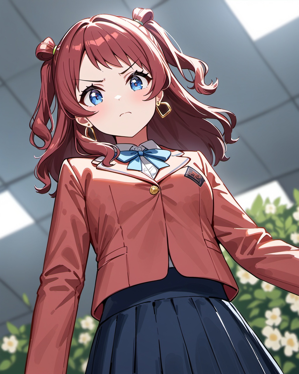 (impasto),best quality,multiple girls,highres BREAKsaki hanami,saki two BREAKearrings,white socks,red hair,socks,loafers,long hair,school uniform,two side up,long sleeves,bow,blue skirt,pleated skirt,brown footwear,blazer,blue eyes BREAK(outdoor:1.2),rainning,upper body,looking at viewer,blurry foreground,(flowers:1.2),Cinematic Lighting,moody lighting,Volumetric Lighting,cinematic_angle,dynamic_angle,looking at viewer BREAK from below,disgust,sky,(upper body),cowboy shot,small breasts,<lora:gakuenidolmaster1-A3:0.5>,