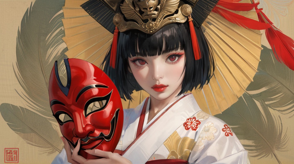 (best quality), ((masterpiece)), (highres), illustration, original, extremely detailed,   <lora:ACG ART3_XL:0.7>1girl, solo, triangular headpiece, black hair, short hair, japanese clothes, red lips, holding mask, red eyes, looking at viewer, holding, parted lips, mask, bangs, kimono, blunt bangs, white kimono, feathers, mask removed, lips, body writing, upper body