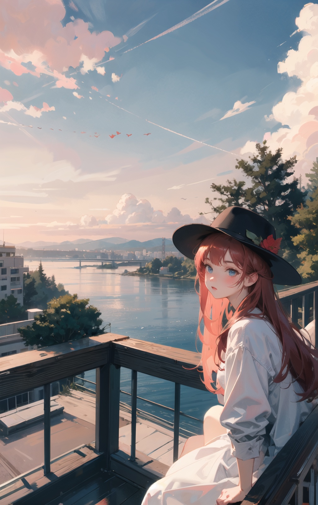 cloud, cloudy_sky, sky, scenery, blue_sky, day, tree, building, no_humans, city, horizon, outdoors, cityscape, ocean, sunset, water, mountain, road, bridge, skyscraper, power_lines, condensation_trail, railing,red_hair, long_hair, 1girl, solo, hat, very_long_hair, blush